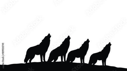 Silhouettes of four wolves howling on a dark ridge against a white background