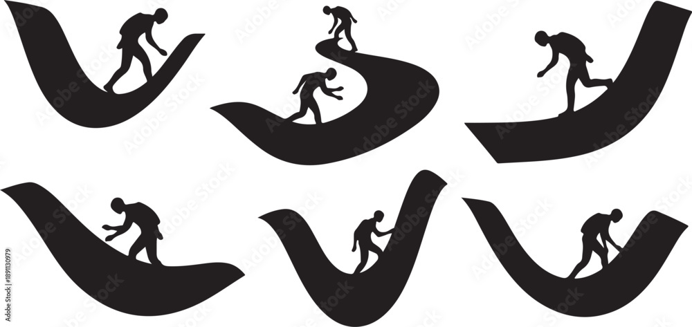 Fototapeta premium Silhouettes of people climbing curved paths to success concept