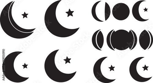 Black Moon Phases and Stars Silhouette Vector Graphics Set