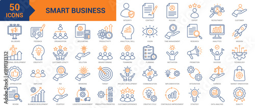 Smart Business colored line icon collection set. Containing analytical skill, productivity, integrity, expert, strategy, personal development, review, feedback, technology, integration icons 