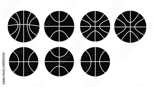 A collection of black and white basketball illustrations in varying orientations