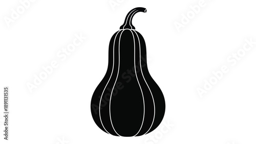 A stylized black and white illustration of a gourd with a curved neck