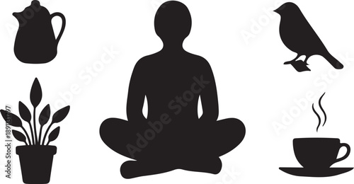 Silhouette of a person meditating in peaceful morning scene