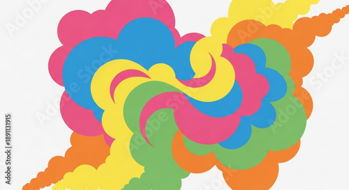 Vibrant colorful swirling cloud shapes in pink blue yellow green and orange hues on white background abstract graphic design element for creative projects and artistic expressions