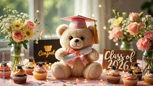 Graduation Teddy Bear with Diploma and Cap surrounded by Cupcakes and Flowers, celebrating Class of 2026