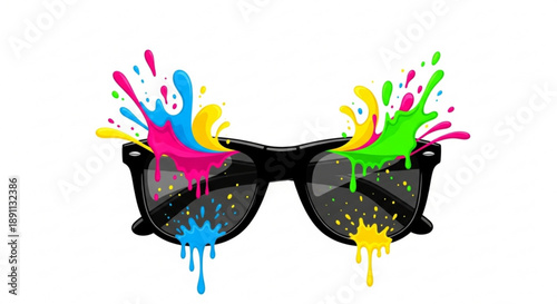 Colorful paint splatter sunglasses with vibrant drips and spots on black frames against white background