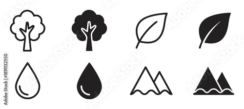 Nature and environment icons set, including trees, leaves, and mountains in both solid and outline styles for ecology and outdoor themes
