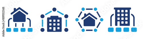 Network connection icons showing houses and buildings linked together by lines and dots representing real estate network home connection remote work and property management