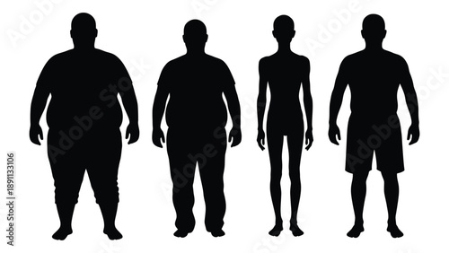 Silhouettes of four figures depicting varying body types from obese to thin