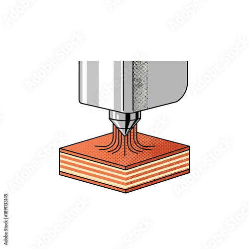 Vector graphic depicting advanced additive manufacturing, with a nozzle precisely extruding material onto layers. Symbolizing industrial innovation and future production technology