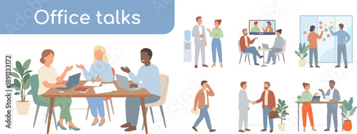 Office Talk Scene: A vibrant collection of illustrations capturing various office conversations, fostering communication, collaboration, and teamwork in a modern workspace. 