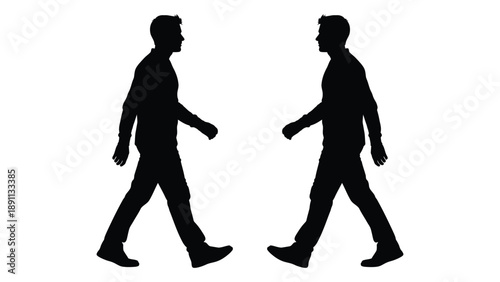 Two silhouetted figures of men walking facing opposite directions on a white background