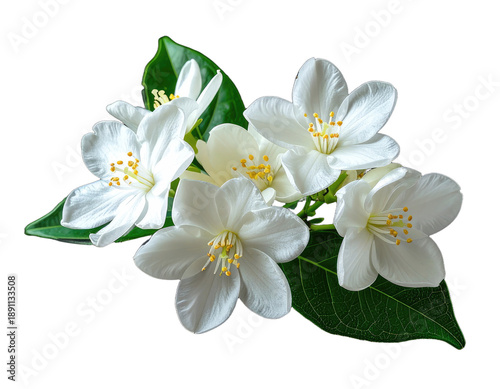 Delicate white blossoms with yellow centers, framed by lush green foliage against a black background