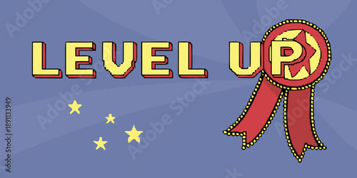 level up, retro video game, pixelated, 8-bit, neon lights, ribbons, stars, digital art
