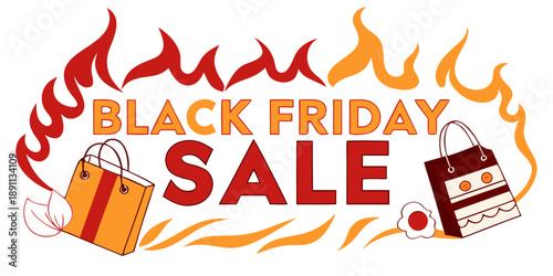 black friday sale, fire, flames, shopping bags, red, orange, graphic design, vector illustration
