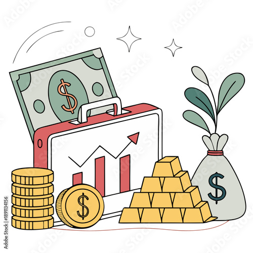 illustration, cartoon style, digital art, business finance, money, dollar bills, gold coins, stock market graph, plant, modern minimalistic design, flat colors, clean lines, simple shapes, digital vec