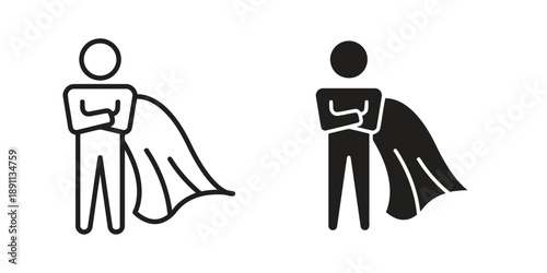 Outline and filled silhouette icons of superhero standing with arms crossed and cape flowing, symbol for power strength bravery and courage, leadership concept isolated on white