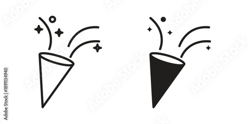 Outline and filled cone-shaped popper with confetti and sparkles bursting out, celebrating joy, parties, and festive occasions, suitable for events.