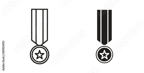 Outline and filled medal icon with star on ribbon, representing achievement, award, victory, recognition, and success. Represents honor and top prize.