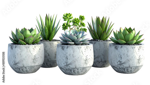 Five potted succulents of various shapes and colors against a pure black background