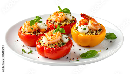 Four vibrant bell peppers stuffed with shrimp, couscous, and cheese on a white plate