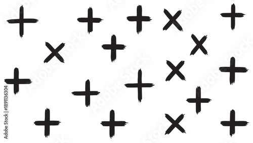 Random scattering of hand-painted plus and cross symbols in black, creating a dynamic abstract pattern perfect for backgrounds, textures, and artistic designs.