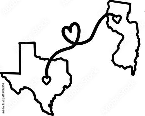 Long distance love hearts connected across miles, hand drawn vector illustration