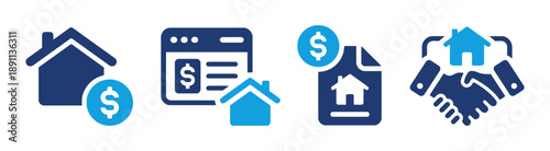 Real estate transaction icons showing house and dollar sign for property purchase sale online listing document signing handshake deal for buying renting selling mortgage investment