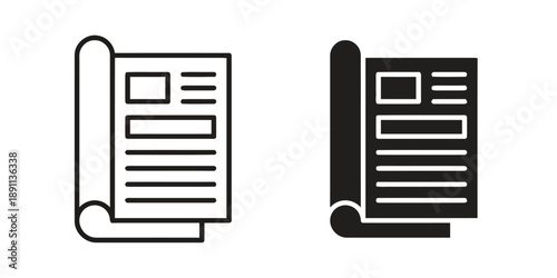 Rolled up document symbol representing important information or news articles, open pages showing text and images, available in outline and solid filled black graphic styles for design