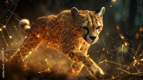 Cheetah in motion, golden light trails, digital art