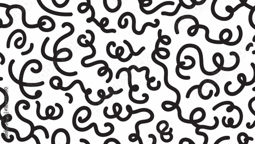 Seamless pattern of abstract black squiggly lines and swirls on a white background creating a playful and chaotic visual texture for creative design applications