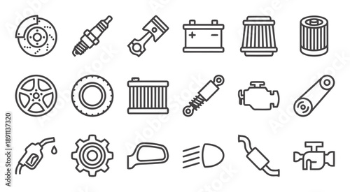 Set of car and automotive part icons in line art style showing engine components brake system wheel tire and other vehicle essentials for auto repair and mechanic services.