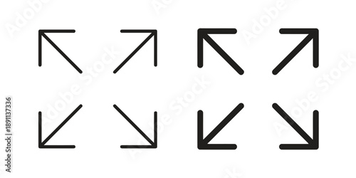 Set of eight directional arrows in four different styles for indicating movement expansion direction and navigation controls on white background