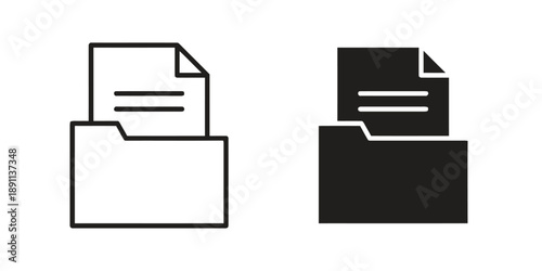 Set of file folder and document icons outline and filled, representing data storage organization and paperwork management in office or digital archive setting, modern graphic design elements