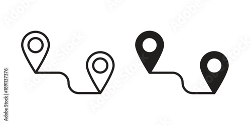 Route line and location pins representing navigation and travel in outline and filled styles