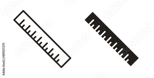 Ruler icons, simple outline and solid black fill, symbolizing measurement, length, precision and construction tools for education and DIY projects