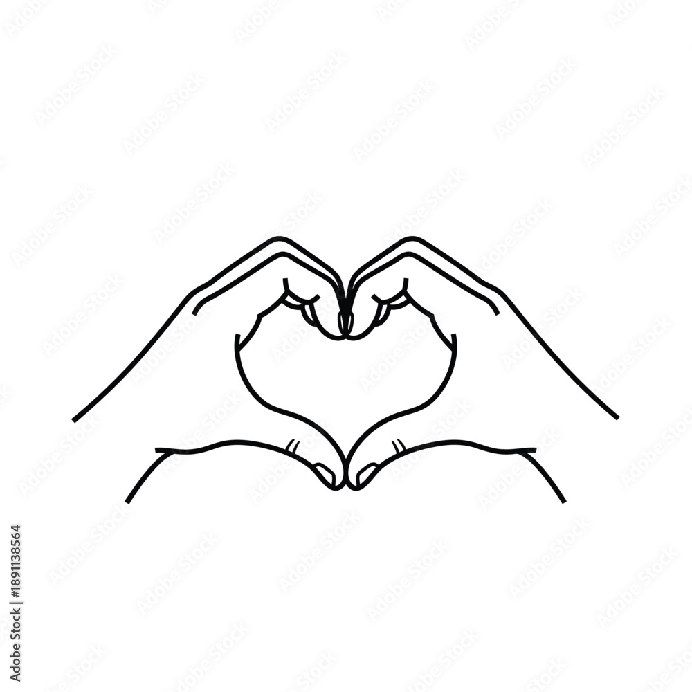 Fototapeta premium Simple black line art illustration of two hands forming a classic heart shape symbol