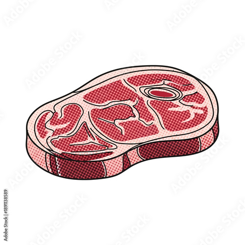Vector illustration of a fresh raw beef steak in a vivid pop art style, perfect for culinary designs, food industry graphics, and highlighting essential protein sources