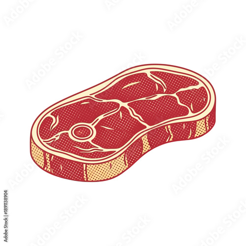 Vector illustration of a raw beef steak, presented with vibrant color and a retro halftone print effect, perfect for culinary and food industry designs