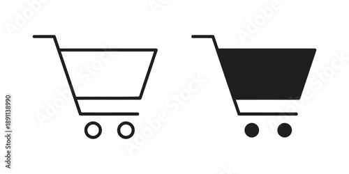 Shopping cart icon in outline and solid black, symbol for e-commerce, retail, and buying online, basket symbol