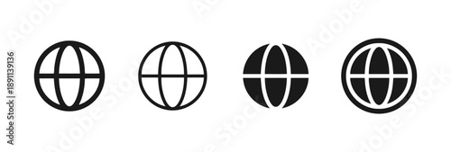 Set of globe icons representing internet, world, network and connection in different styles, global communication symbol, digital planet earth, web access graphic element
