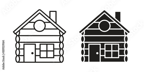 Set of log cabin icons, outline and filled, representing rustic accommodation and nature retreats for outdoor adventures and cozy getaways