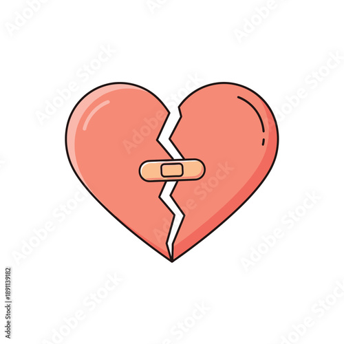 Simple illustration of a cracked heart being mended with a small adhesive bandage