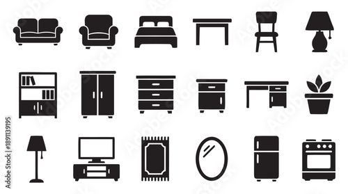 Set of modern flat black icons representing various furniture items and home decor for interior design projects and digital graphics use
