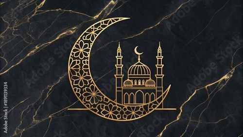Elegant Ramadan crescent moon with mosque