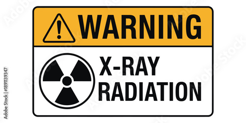 Warning sign with radiation symbol and text on white background