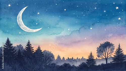 Serene night landscape with crescent moon and stars over forest