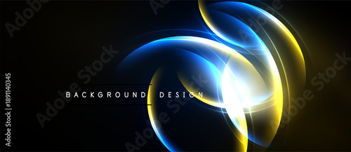 Abstract glowing shapes overlap, creating dynamic visual effect. Dark background emphasizes bright colors, modern design element.