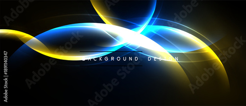 Abstract neon waves, vibrant blues, yellows, white light. Dynamic curves create modern background design. Smooth gradients, dark space.