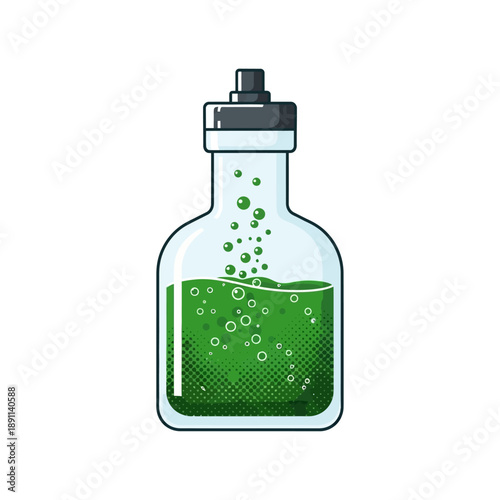 Vector Illustration of a Clear Bottle Filled with Green Bubbling Liquid, Symbolizing Science and Health
